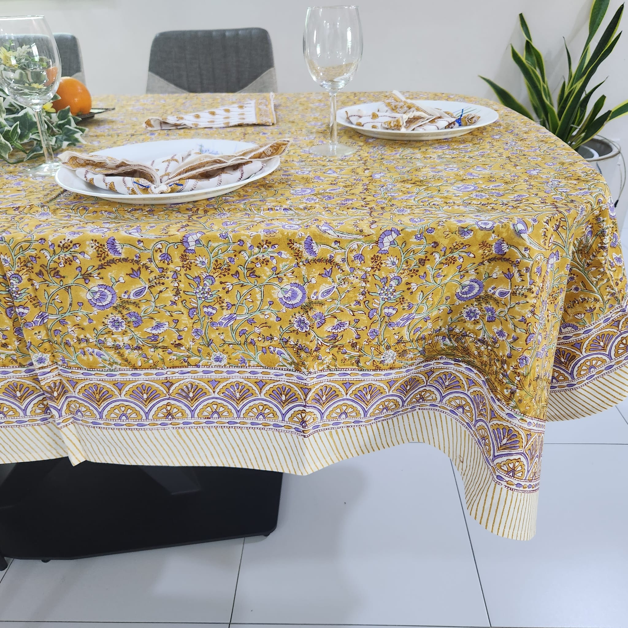Yellow floral rectangle Tablecloth – 8 seater and 6 seater & Round- 4 Seater